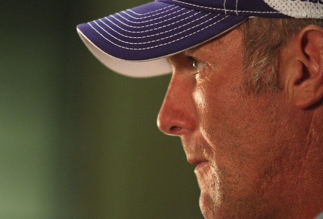 EDEN PRAIRIE, MN - AUGUST 18: Minnesota Vikings quarterback Brett Favre addresses the media at a press conference after the first morning practice since returning to Vikings Winter Park on August 18, 2010 in Eden Prairie, Minnesota. Favre injured his ankle last year and had been reportedly considering retiring after one season with the Vikings.  (Photo by Adam Bettcher/Getty Images)
