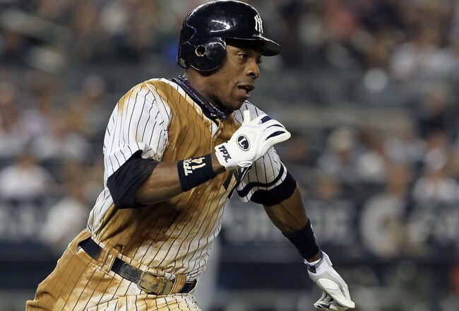 NEW YORK - AUGUST 16:  Curtis Granderson #14 of the New York Yankees runs out a seventh inning double against the Detroit Tigers on August 16, 2010 at Yankee Stadium in the Bronx borough of New York City.  (Photo by Jim McIsaac/Getty Images)