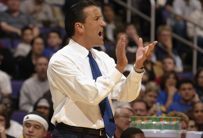 LOS ANGELES - MARCH 14:  UCLA head coach Steve Lavin encourages his team during the NCAA Pac-10 Conference tournament semifinals game against Oregon at the Staples Center on March 14, 2003 in Los Angeles, California.  In what could be Lavin's last game at UCLA, the University of Oregon Ducks edged the University of California Bruins 75-74.  (Photo by Jeff Gross/Getty Images)