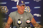 EDEN PRAIRIE, MN - AUGUST 18: Minnesota Vikings quarterback Brett Favre addresses the media at a press conference after the first morning practice since returning to Vikings Winter Park on August 18, 2010 in Eden Prairie, Minnesota. Favre injured his ankle last year and had been reportedly considering retiring after one season with the Vikings.  (Photo by Adam Bettcher/Getty Images)