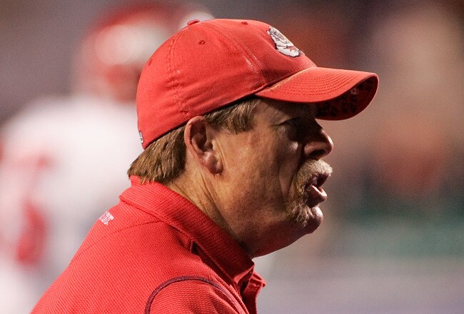 BOISE, ID - NOVEMBER 28: Head Coach Pat Hill of the Fresno State Bulldogs looks on during their game against the Boise State Broncos on November 28, 2008 at Bronco Stadium in Boise, Idaho.  (Photo by Otto Kitsinger III/Getty Images)