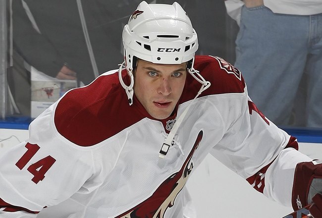 SUNRISE, FL - MARCH 18: Taylor Pyatt #14 of the Phoenix Coyotes skates prior to the game against the Florida Panthers on March 18, 2010 at the BankAtlantic Center in Sunrise, Florida. The Coyotes defeated the Panthers 4-3 (SO). (Photo by Joel Auerbach/Getty Images)