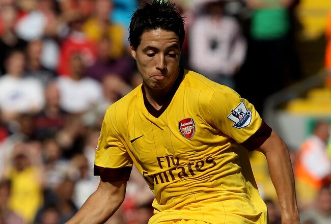 LIVERPOOL, ENGLAND - AUGUST 15:   Samir Nasri of Arsenal in action during the Barclays Premier League match between Liverpool and Arsenal at Anfield on August 15, 2010 in Liverpool, England.  (Photo by Clive Brunskill/Getty Images)