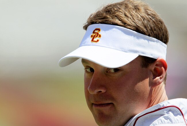 LOS ANGELES, CA - MAY 01:  Head coach Lane Kiffin looks on during the  USC Trojans spring game on  May 1, 2010 at the Los Angeles Memorial Coliseum in Los Angeles, California.  (Photo by Stephen Dunn/Getty Images)