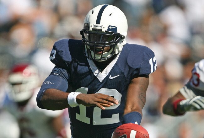STATE COLLEGE, PA - SEPTEMBER 19: Quarterback Kevin Newsome #12 of the Penn State Nittany Lions hands-off during a game against the Temple Owls on September 19, 2009 at Beaver Stadium in State College, Pennsylvania. (Photo by Hunter Martin/Getty Images)