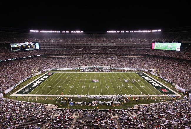 EAST RUTHERFORD, NJ - AUGUST 16: General view of the New Meadowlands Stadium during the first NFL game played in the new stadium on August 16, 2010 in East Rutherford, New Jersey. The New York Giants beat the New York Jets 31 - 16.  (Photo by Andrew Burton/Getty Images)