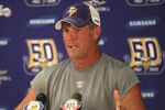 EDEN PRAIRIE, MN - AUGUST 18: Minnesota Vikings quarterback Brett Favre addresses the media at a press conference after the first morning practice since returning to Vikings Winter Park on August 18, 2010 in Eden Prairie, Minnesota. Favre injured his ankle last year and had been reportedly considering retiring after one season with the Vikings.  (Photo by Adam Bettcher/Getty Images)