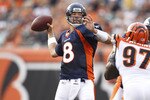 CINCINNATI, OH - AUGUST 15: Kyle Orton #8 of the Denver Broncos looks to pass during the preseason game against the Cincinnati Bengals at Paul Brown Stadium on August 15, 2010 in Cincinnati, Ohio. (Photo by Joe Robbins/Getty Images)