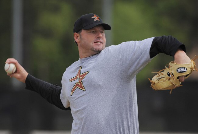 KISSIMMEE, FL - FEBRUARY 27: Roger Clemens throws during minor league batting practice at Houston Spring Training at Osceola County Stadium on February 27, 2008 in Kissimmee, Florida. The U.S. House Oversight and Government Reform Committee has asked the Justice Department to investigate whether Clemens committed perjury while testifying in front of the committee.  (Photo by Scott A. Miller/Getty Images)