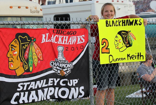 JOLIET, IL - JULY 10:  Nascar fans show support for Duncan Keith of the NYL's Chicago Blackhawks during the NASCAR Sprint Cup Series LIFELOCK.COM 400 at the Chicagoland Speedway on July 10, 2010 in Joliet, Illinois.  (Photo by Andy Lyons/Getty Images)
