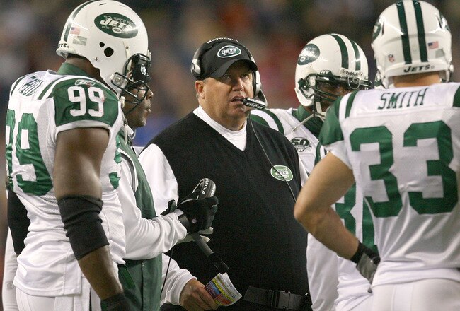 FOXBORO, MA - NOVEMBER 22:  Coach Rex Ryan of the New York has a word with his team against the New England Patriots on November 22, 2009 in Foxboro, Massachusetts. (Photo by Jim Rogash/Getty Images)
