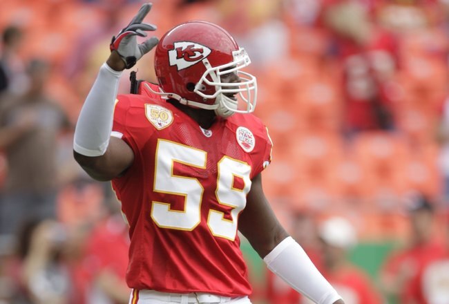 KANSAS CITY, MO - SEPTEMBER 20:  Jovan Belcher #59 of the Kansas City Chiefs stands on the field during the game against the Oakland Raiders at Arrowhead Stadium on September 20, 2009 in Kansas City, Missouri. (Photo by Jamie Squire/Getty Images)