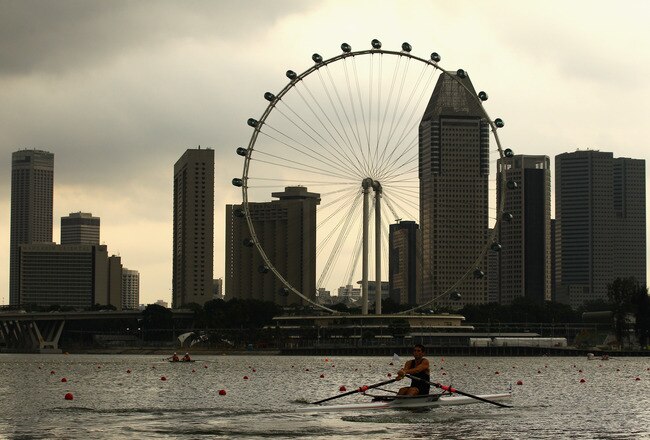 SINGAPORE - AUGUST 18: Hayden Cohen of New Zealand competes in the Junior Men's Single Sculls Final B on day four of the Singapore 2010 Youth Olympics at the Marina Reservoir on August 18, 2010 in Singapore.  (Photo by Mark Dadswell/Getty Images)