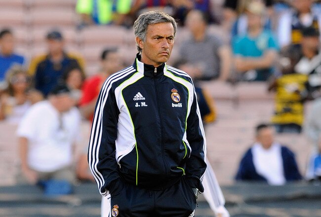PASADENA, CA - AUGUST 07:  Coach Jose Mourinho of Real Madrid during the pre-season friendly soccer match against Los Angeles Galaxy on August 7, 2010 at the Rose Bowl in Pasadena, California. Real Madrid will travel back to Spain after the soccer match completing their pre-season USA tour.  (Photo by Kevork Djansezian/Getty Images)