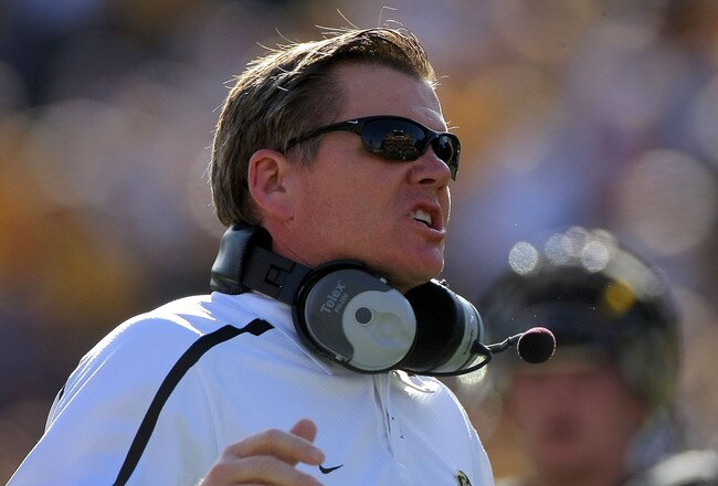 BOULDER, CO - NOVEMBER 07:  Head coach Dan Hawkins leads the Colorado Buffaloes against the Texas A&M Aggies during NCAA college football action at Folsom Field on November 7, 2009 in Boulder, Colorado. Colorado defeated Texas A&M 35-34.  (Photo by Doug Pensinger/Getty Images)