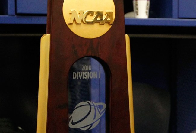 INDIANAPOLIS - APRIL 05:  A detail of the national championship trophy as it sits in the Duke Blue Devils locker room after the Blue Devils won 61-59 against the Butler Bulldogs during the 2010 NCAA Division I Men's Basketball National Championship game at Lucas Oil Stadium on April 5, 2010 in Indianapolis, Indiana.  (Photo by Kevin C. Cox/Getty Images)