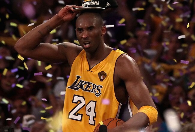 LOS ANGELES, CA - JUNE 17:  Kobe Bryant #24 of the Los Angeles Lakers celebrates after the Lakers defeated the Boston Celtics in Game Seven of the 2010 NBA Finals at Staples Center on June 17, 2010 in Los Angeles, California. The Lakers defeated the Celtics 83-79.  NOTE TO USER: User expressly acknowledges and agrees that, by downloading and/or using this Photograph, user is consenting to the terms and conditions of the Getty Images License Agreement.  (Photo by Christian Petersen/Getty Images)