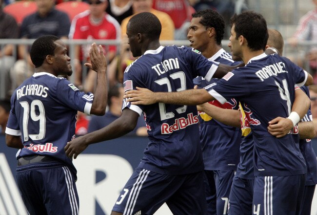 TORONTO - AUGUST 21: The New York Red Bulls celebrate a goal against Toronto FC during a MLS game at BMO Field August 21, 2010 in Toronto, Ontario, Canada. (Photo by Abelimages/Getty Images)