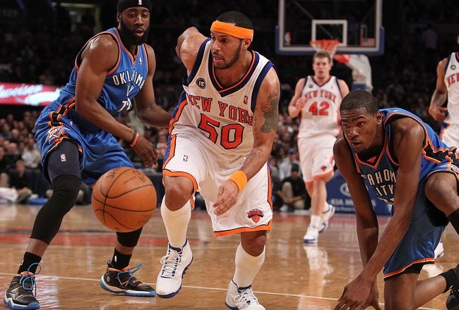 NEW YORK - FEBRUARY 20:  Eddie House #50 of the New York Knicks scrambles after the ball surrounded by James Harden #13 and Kevin Durant #35 of the Oklahoma City Thunder at Madison Square Garden on February 20, 2010 in New York, New York. NOTE TO USER: User expressly acknowledges and agrees that, by downloading and or using this photograph, User is consenting to the terms and conditions of the Getty Images License Agreement.  (Photo by Nick Laham/Getty Images)