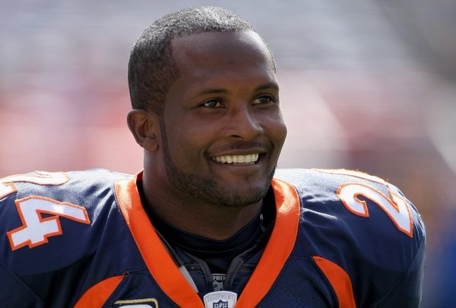 DENVER - OCTOBER 05:  Cornerback Champ Bailey #24 of the Denver Broncos warms up prior to facing the Tampa Bay Buccaneers during NFL action on October 5, 2008 in Denver, Colorado. The Broncos defeated the Buccaneers 16-13.  (Photo by Doug Pensinger/Getty Images)