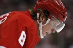 DETROIT - MAY 06:  Justin Abdelkader #8 of the Detroit Red Wings looks on while playing the San Jose Sharks during Game Four of the Western Conference Semifinals of the 2010 NHL Stanley Cup Playoffs on May 6, 2010 at Joe Louis Arena in Detroit, Michigan. Detroit won the game 7-1 but trail in the series 1-3.  (Photo by Gregory Shamus/Getty Images)