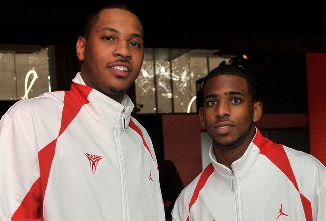 DALLAS - FEBRUARY 13: NBA players Carmelo Anthony (L) and Chris Paul attend the 23/25 Energy Space presented by Jordan Brand in Dallas, Texas on Februrary 13, 2010. (Photo by Charley Gallay/Getty Images for Jordan Brand)
