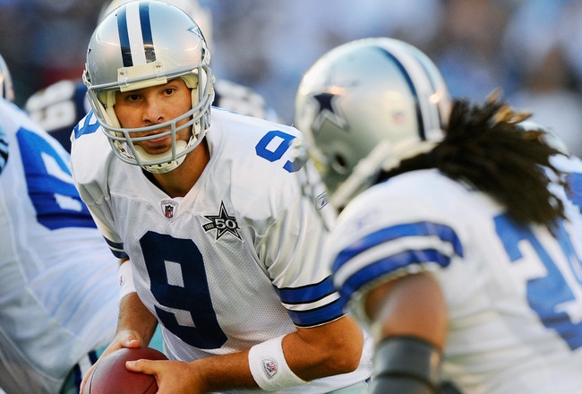 SAN DIEGO - AUGUST 21:  Quarterback Tony Romo #9 of the Dallas Cowboys looks to hand off the ball to running back Marion Barber #24 their preseason NFL football game against San Diego Chargers at Qualcomm Stadium on August 21, 2010 in San Diego, California.  (Photo by Kevork Djansezian/Getty Images)