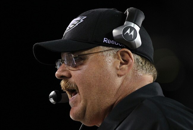 PHILADELPHIA - AUGUST 13:  Head Coach of the Philadelphia Eagles, Andy Reid stands on the sideline against the Jacksonville Jaguars during their preseason game at Lincoln Financial Field on August 13, 2010 in Philadelphia, Pennsylvania.  (Photo by Nick Laham/Getty Images)