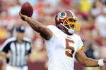 LANDOVER, MD - AUGUST 21:  Donovan McNabb #5 of the Washington Redskins throws a pass during the preseason game against the Baltimore Ravens at FedExField on August 21, 2010 in Landover, Maryland.  (Photo by Greg Fiume/Getty Images)