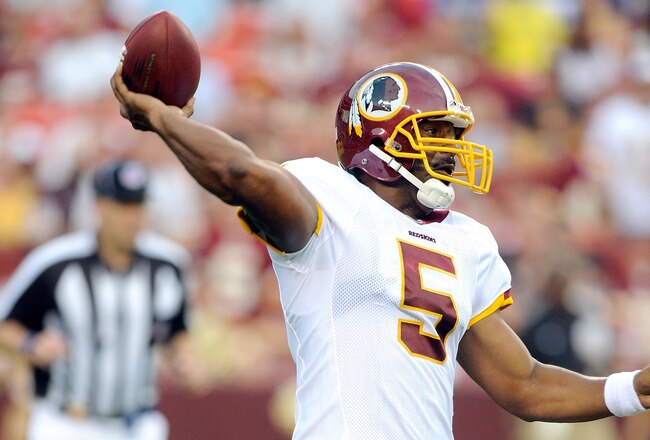 LANDOVER, MD - AUGUST 21:  Donovan McNabb #5 of the Washington Redskins throws a pass during the preseason game against the Baltimore Ravens at FedExField on August 21, 2010 in Landover, Maryland.  (Photo by Greg Fiume/Getty Images)