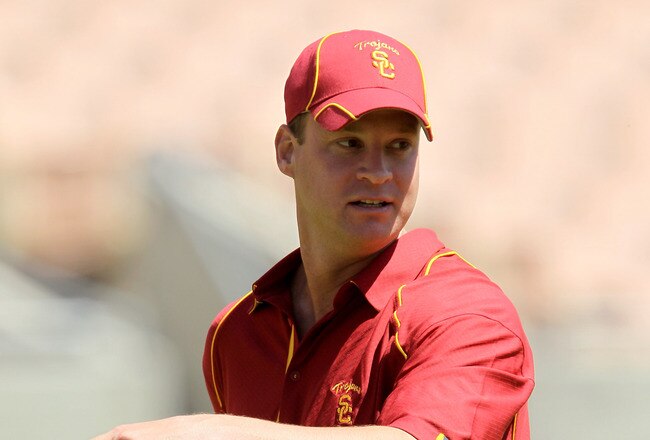 LOS ANGELES, CA - MAY 01:  Head coach Lane Kiffin looks on during the  USC Trojans spring game on  May 1, 2010 at the Los Angeles Memorial Coliseum in Los Angeles, California.  (Photo by Stephen Dunn/Getty Images)