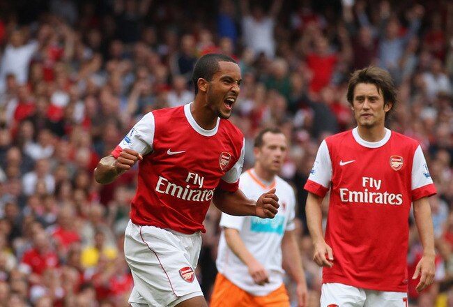 LONDON, ENGLAND - AUGUST 21:  Theo Walcott of Arsenal celebrates his third goal during the Barclays Premier League match between Arsenal and Blackpool at The Emirates Stadium on August 21, 2010 in London, England.  (Photo by Clive Rose/Getty Images)
