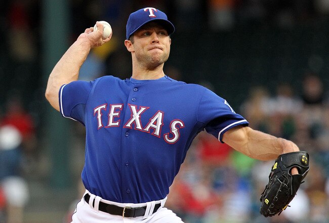 ARLINGTON, TX - MAY 19:  Pitcher Rich Harden #40 of the Texas Rangers throws against the Baltimore Orioles on May 19, 2010 at Rangers Ballpark in Arlington, Texas.  (Photo by Ronald Martinez/Getty Images)
