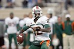 DURHAM, NC - OCTOBER 18: Quarterback  Jacory Harris #12 of the Miami Hurricanes looks to pass during the game against the Duke Blue Devils at Wallace Wade Stadium on October 18, 2008 in Durham, North Carolina.  (Photo by Kevin C. Cox/Getty Images)
