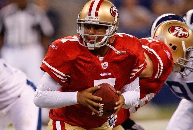 INDIANAPOLIS, IN - AUGUST 15: Nate Davis #7 of the San Francisco 49ers looks to pass during the preseason game against the Indianapolis Colts at Lucas Oil Stadium on August 15, 2010 in Indianapolis, Indiana. The 49ers defeated the Colts 37-17. (Photo by Scott Boehm/Getty Images)