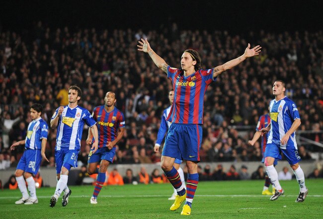 BARCELONA, SPAIN - DECEMBER 13:  Zlatan Ibrahimovic (L) of Barcelona celebrates after scoring his teams first goal during the La Liga match between Barcelona and  Espanyol at the Camp Nou stadium Stadium on December 13, 2009 in Madrid, Spain.  (Photo by Denis Doyle/Getty Images)