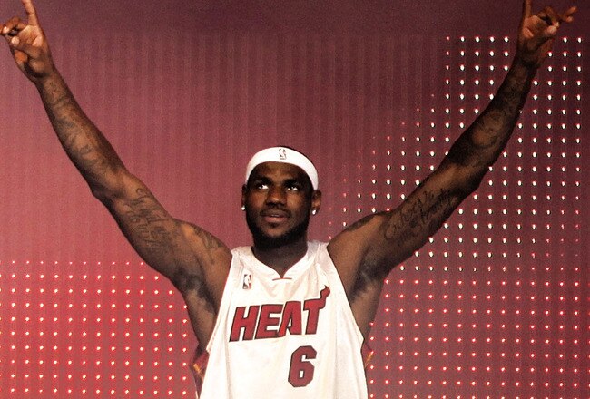 MIAMI - JULY 09:  LeBron James #6 of the Miami Heat is introduced during a welcome party at American Airlines Arena on July 9, 2010 in Miami, Florida.  (Photo by Marc Serota/Getty Images)