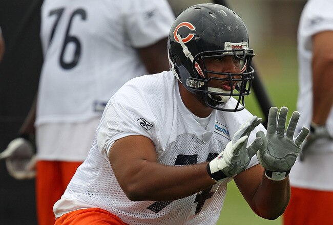 BOURBONNAIS, IL - JULY 30: Chirs Williams #74 of the Chicago Bears works out during a summer training camp practice at Olivet Nazarene University on July 30, 2010 in Bourbonnais, Illinois. (Photo by Jonathan Daniel/Getty Images)