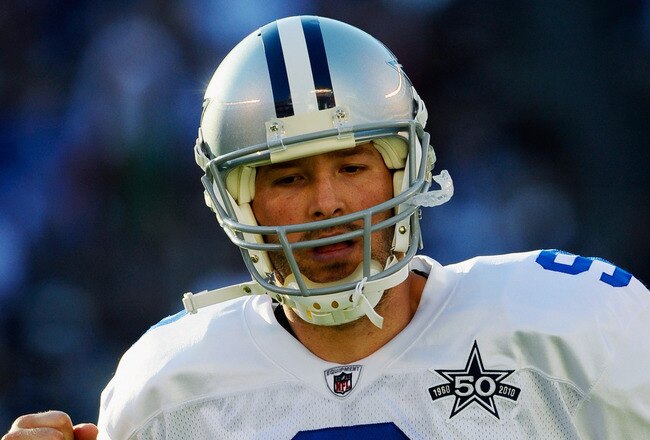 SAN DIEGO - AUGUST 21:  Quarterback Tony Romo #9 of the Dallas Cowboys reacts during their preseason NFL football game against San Diego Chargers at Qualcomm Stadium on August 21, 2010 in San Diego, California.  (Photo by Kevork Djansezian/Getty Images)
