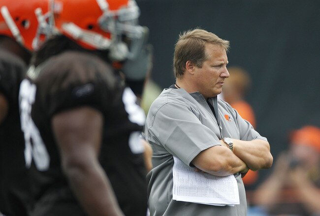 BEREA, OH - AUGUST 04:  Head coach Eric Mangini of the Cleveland Browns looks on during training camp at the Cleveland Browns Training and Administrative Complex on August 4, 2010 in Berea, Ohio.  (Photo by Gregory Shamus/Getty Images)