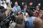 NEWARK, NJ - JULY 20: Ilya Kovalchuk of the New Jersey Devils speaks with the media after announcing his contract renewal at the Prudential Center on July 20, 2010 in Newark, New Jersey. (Photo by Bruce Bennett/Getty Images)