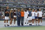 QUEENS, NY - AUGUST 27:  (L-R) Andy Roddick, Anna Kournikova, Serena Williams, Billie Jean King, Summer Sanders, Randy Jackson, Roger Federer, Kim Clijsters, Martina Navratilova and Andre Agassi pose together after participating in Arthur Ashe Kids Day before the start of the 2005 US Open at the USTA National Tennis Center in Flushing Meadows Corona Park on August 27, 2005 in the Flushing neighborhood of the Queens borough of New York.  (Photo by Bryan Bedder/Getty Images)