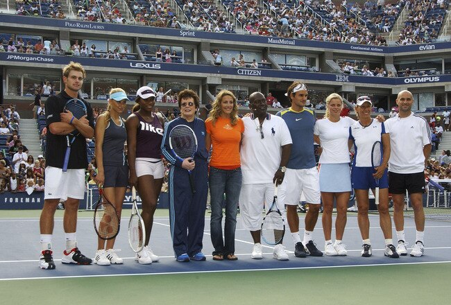 QUEENS, NY - AUGUST 27:  (L-R) Andy Roddick, Anna Kournikova, Serena Williams, Billie Jean King, Summer Sanders, Randy Jackson, Roger Federer, Kim Clijsters, Martina Navratilova and Andre Agassi pose together after participating in Arthur Ashe Kids Day before the start of the 2005 US Open at the USTA National Tennis Center in Flushing Meadows Corona Park on August 27, 2005 in the Flushing neighborhood of the Queens borough of New York.  (Photo by Bryan Bedder/Getty Images)