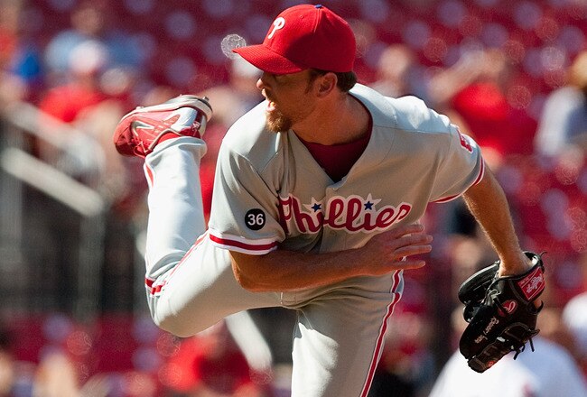 ST. LOUIS - JULY 22: Relief pitcher Brad Lidge #54 of the Philadelphia Phillies throws against the St. Louis Cardinals at Busch Stadium on July 22, 2010 in St. Louis, Missouri. The Phillies defeated the Cardinals 2-0.  (Photo by Dilip Vishwanat/Getty Images)