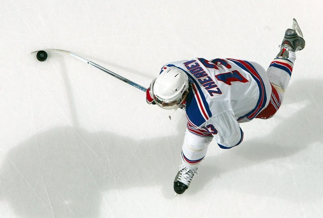 UNIONDALE, NY - MARCH 05:  Nikolai Zherdev #13 of the New York Rangers warms up before playing against the New York Islanders on March 5, 2009 at Nassau Coliseum in Uniondale, New York.  (Photo by Jim McIsaac/Getty Images)