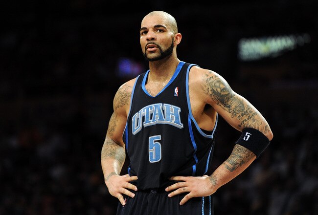 LOS ANGELES, CA - MAY 04:  Carlos Boozer #5 of the Utah Jazz looks on in the first half while taking on the Los Angeles Lakers during Game Two of the Western Conference Semifinals of the 2010 NBA Playoffs at Staples Center on May 4, 2010 in Los Angeles, California.  (Photo by Harry How/Getty Images)