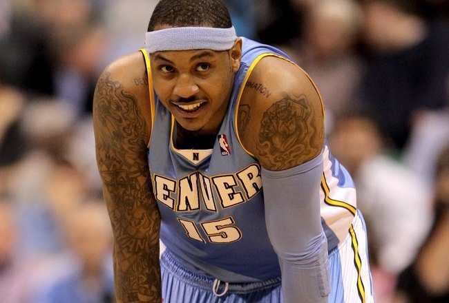 SALT LAKE CITY - APRIL 30:  Carmelo Anthony #15 of the Denver Nuggets stands on the court during their game against the Utah Jazz in Game Six of the Western Conference Quarterfinals of the 2010 NBA Playoffs at EnergySolutions Arena on April 30, 2010 in Salt Lake City, Utah. NOTE TO USER: User expressly acknowledges and agrees that, by downloading and or using this photograph, User is consenting to the terms and conditions of the Getty Images License Agreement.  (Photo by Ezra Shaw/Getty Images)