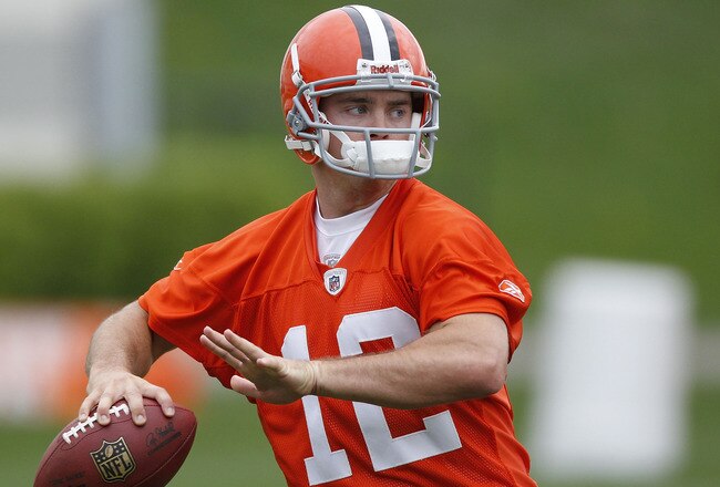 BEREA, OH - MAY 01:  Colt McCoy #12 of the Cleveland Browns gets ready to throw a pass during rookie mini camp at the Cleveland Browns Training and Administrative Complex on May 1, 2010 in Berea, Ohio.  (Photo by Gregory Shamus/Getty Images)