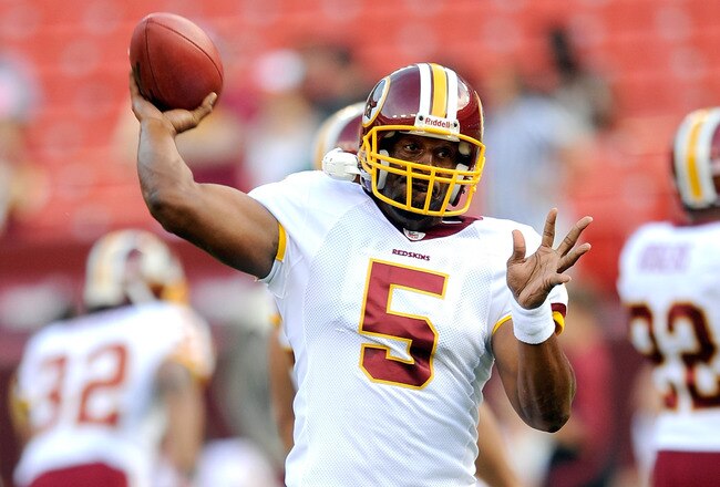LANDOVER, MD - AUGUST 21:  Donovan McNabb #5 of the Washington Redskins warms up before the preseason game against the Baltimore Ravens at FedExField on August 21, 2010 in Landover, Maryland.  (Photo by Greg Fiume/Getty Images)