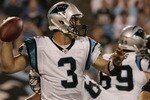CHARLOTTE, NC - AUGUST 21:  Quarterback Matt Moore #3 of the Carolina Panthers throws during a preseason game against the New York Jets at Bank of America Stadium on August 21, 2010 in Charlotte, North Carolina. (Photo by Mary Ann Chastain/Getty Images)
